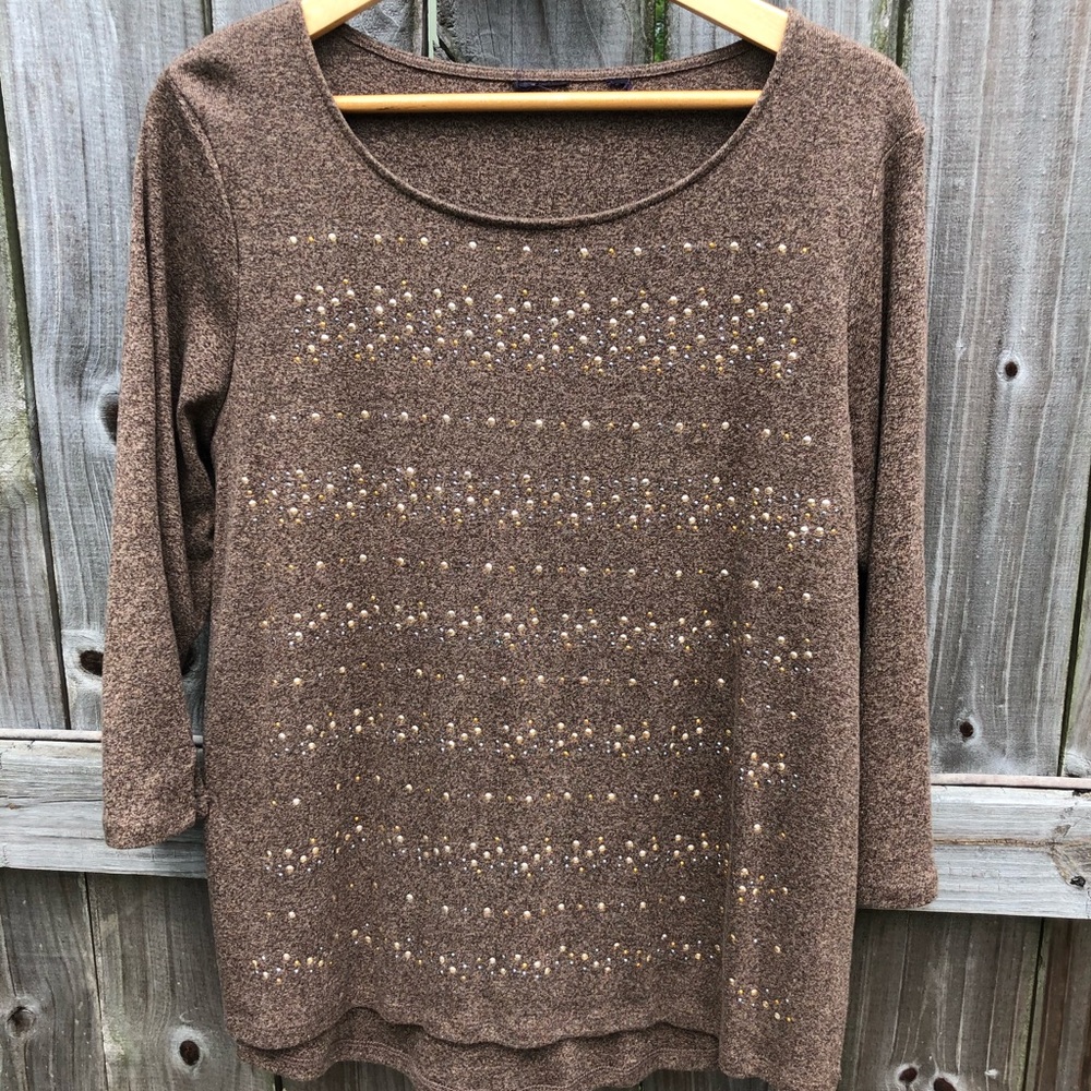 Brown Cotton Embellished Crew-neck Sweater